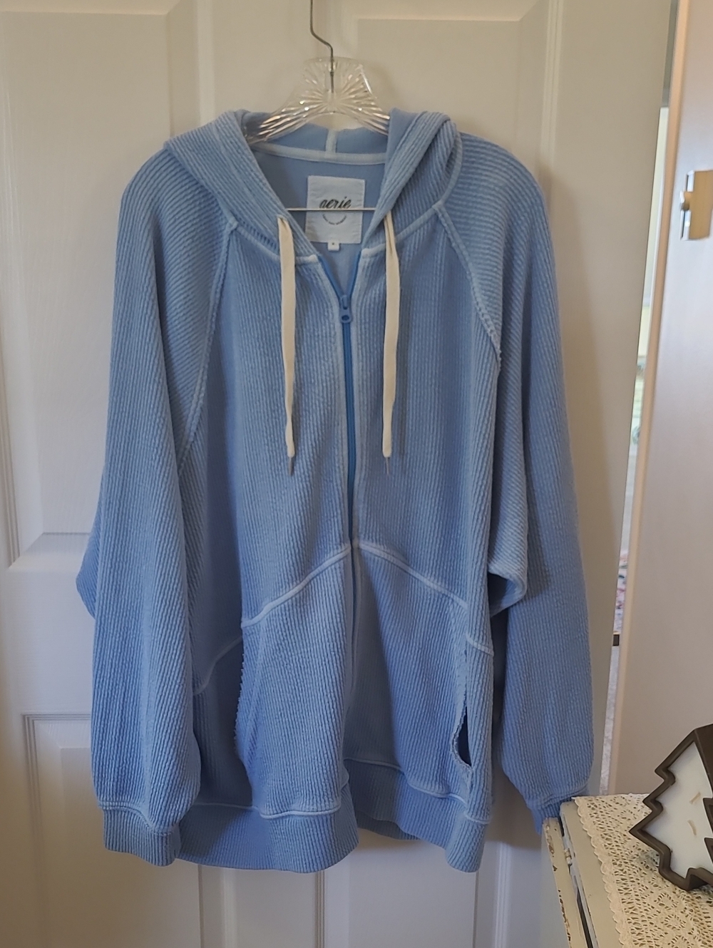 aerie Light Blue Ribbed Zip-Up Hooded Sweater Oversized. Heavy. Bin 8